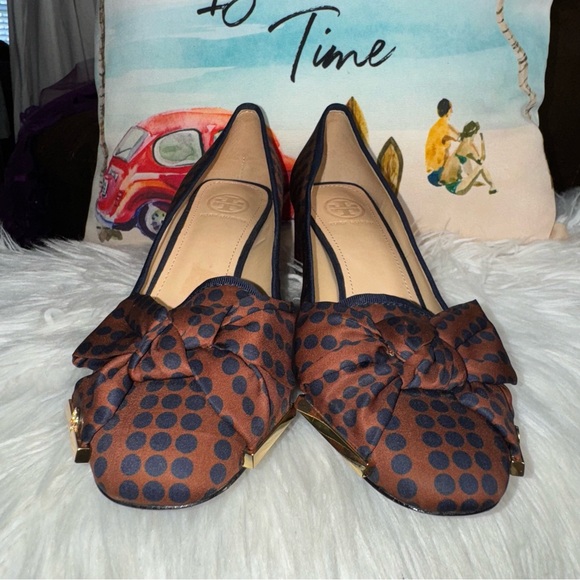 Tory Burch Bow Accent Polka Dot Chunky Heels In Brown & Navy Blue Size 7.5 - Picture 4 of 14